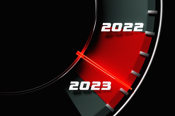 Photo 3d 그림은 컷오프가 있는 검은색 속도계를 닫습니다. 20222023 자동차 분야에서 새해와 크리스마스의 개념은 새해까지 몇 달 시간을 계산합니다.