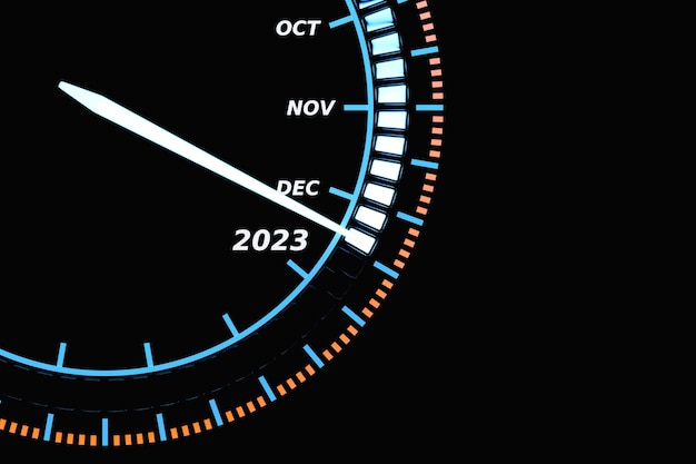 3D illustration close up black speedometer with cutoffs 20222023 The concept of the new year and Christmas in the automotive field Counting months time until the new yearxA