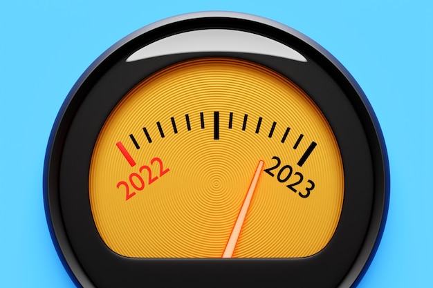 3D illustration close up black speedometer with cutoffs 20222023 The concept of the new year and Christmas in the automotive field Counting months time until the new yearxA