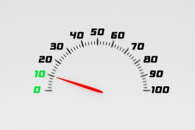 3D illustration close up car panel digital bright speedometer The speedometer needle shows a speed of 10 km h