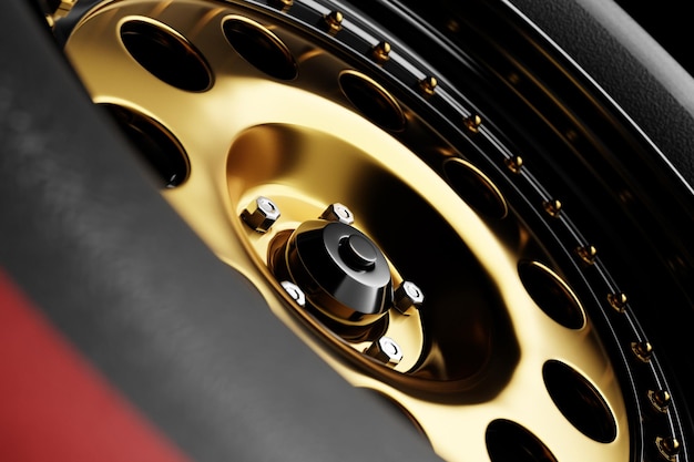 3d illustration close up of the car wheel with alloy wheel and new rubber on a car closeup.