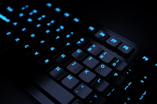 3d illustration close up of the realistic computer or laptop keyboard on black background Gaming keyboard with LED backlit