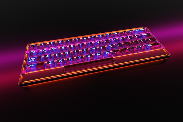 3d illustration, close up of the realistic computer or laptop keyboard with neon pink light  on black background