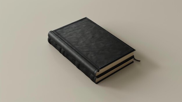 3D illustration of a closed book with a black leather cover The book is lying on a solid surface The image is rendered in a realistic style