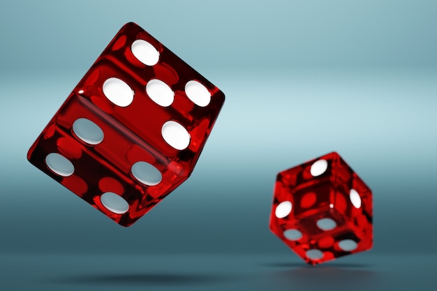 3D illustration closeup of a pair of red dices over  blue background. Red dice in flight. Casino gambling.