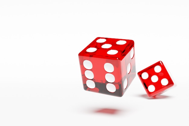 3D illustration closeup of a pair of red dices over white background Red dice in flight