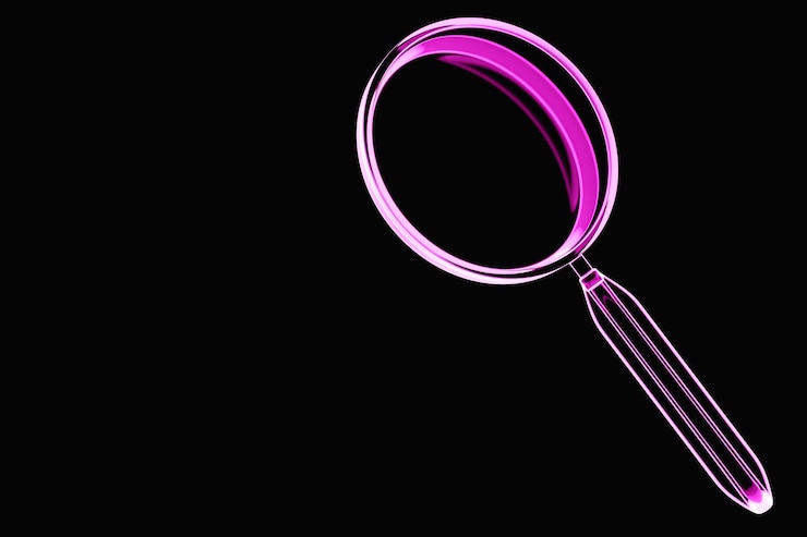 Photo 3d illustration closeup pink magnifying loupe for search internet search concept