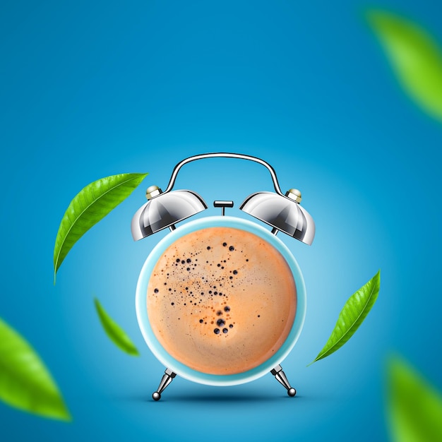 3d illustration of coffee or tea mug in the center of alarm\
watch isolated with coffee leaves