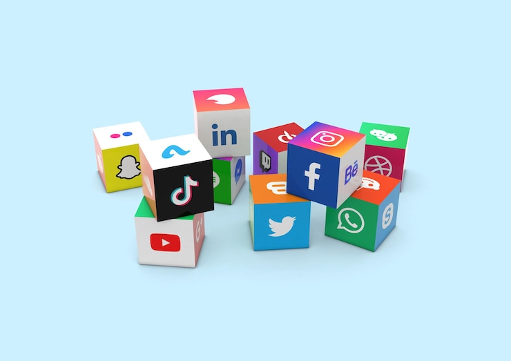 Photo 3d illustration a collection of cubes with printed logos of world famous social networks