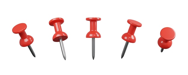 3D illustration, Collection of various red push pins. Thumbtacks