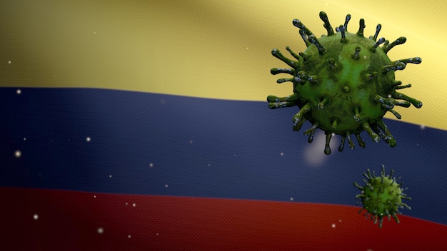 3Dイラストコロンビアの旗を振ってコロナウイルス2019nCovコンセプト。コロンビアでのアジアでの発生、コロナウイルスはパンデミックと同様に危険なインフルエンザ株の症例としてインフルエンザに感染します。顕微鏡ウイルスCovid19