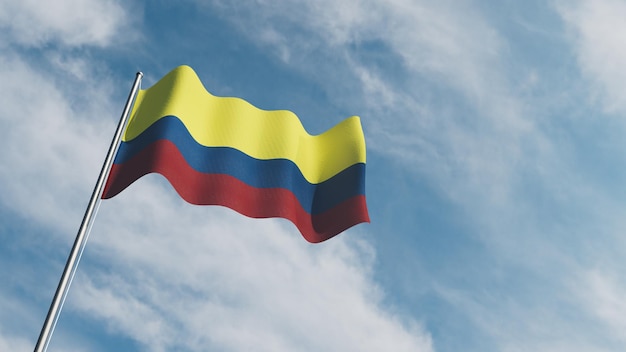 3d illustration of Colombian flag waving in the wind with sunny day background with clouds