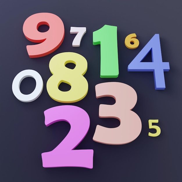 3d illustration of colored numbers of different sizes on bluish black background