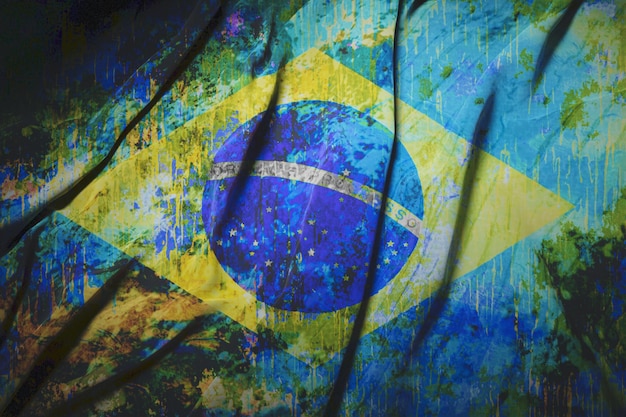 3d illustration of colorful brazil flag painted coarsely on wavy fabric in dark location