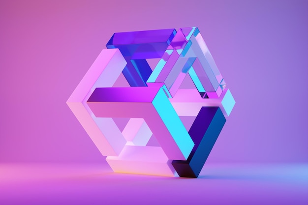 3d illustration of a colorful cube under neon light on a pink background Digital shape flying