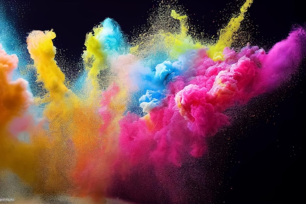 3d illustration of colorful indian holi festival powder explosion on black background