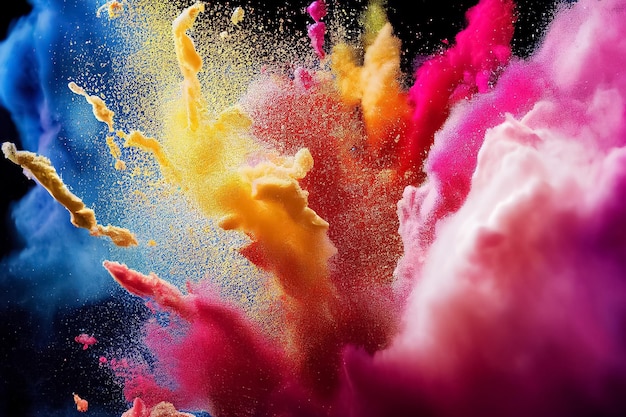 3d illustration of colorful indian holi festival powder explosion on black background