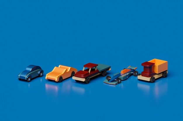 3d illustration colorful models of childrens cars of various types racing trucks pickups