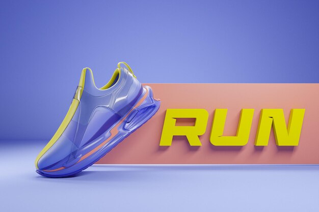 Photo 3d illustration of colorful new sports sneakers on a huge colorful foam sole on a purple isolated background sneakers with the phrase run fashionable sneakers