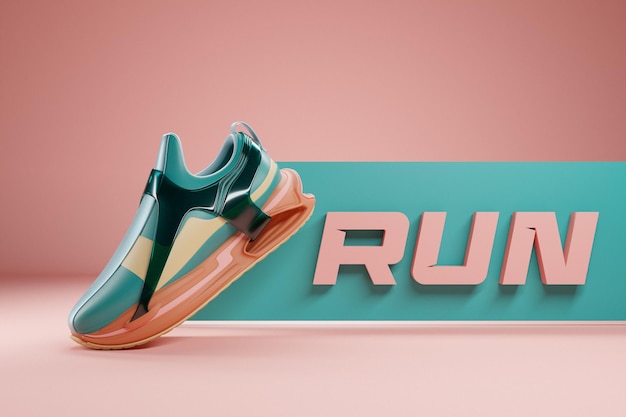 Foto illustrazione 3d di nuove scarpe da ginnastica sportive colorate su un'enorme suola di schiuma colorata con la frase 