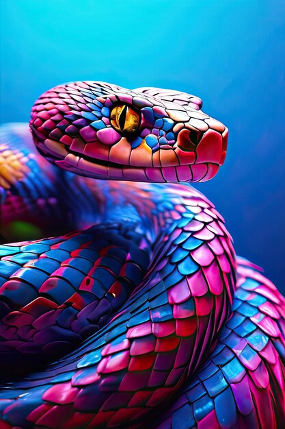Трехмерная иллюстрация красочной змеи на голубом фоне