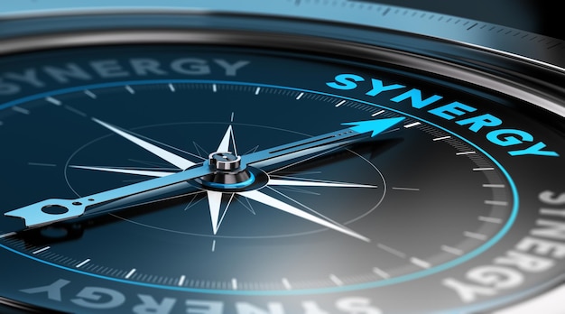 3D illustration of a compass with the needle pointing the word synergy. black background