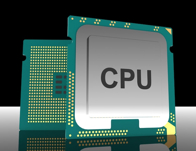 3d illustration computer PC CPU chip electronics industry concept, close-up view.