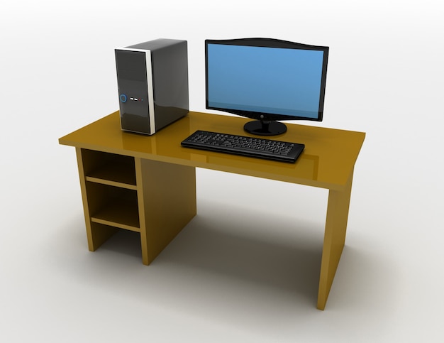 Foto illustrazione 3d del computer con la tabella. 3d rendering illustratiobn