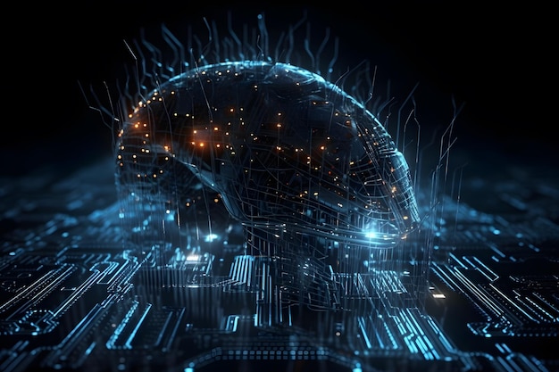 미래의 스마트하고 빛나는 사이버 공간 사이보그 두뇌의 3D 일러스트레이션 개념 AI 심층 신경망 채팅 봇 및 고급 기계 학습 AGI Generative Ai
