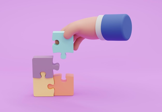 3D illustration Concept of business,hand holding a puzzle piece on jigsaw puzzle background.