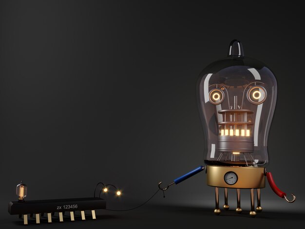 3d illustration. Concept render of a tube robot with a pet dog for a walk. Steampunk lamp.