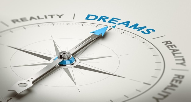 3D illustration of a conceptual compass with needle pointing the word dream