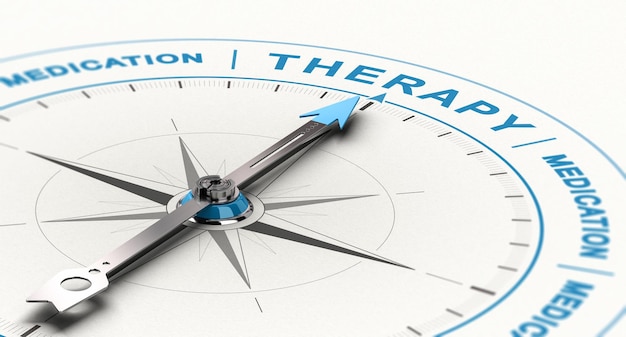 3D illustration of conceptual compass with needle pointing the word therapy instead of medication. Concept of complementary treatment for depression.