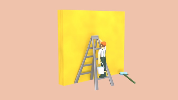 Photo 3d illustration of construction people climbing stairs carrying paint