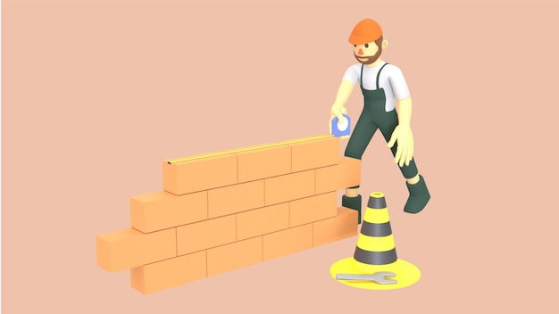 Photo 3d illustration of a construction person measuring the length of a brick