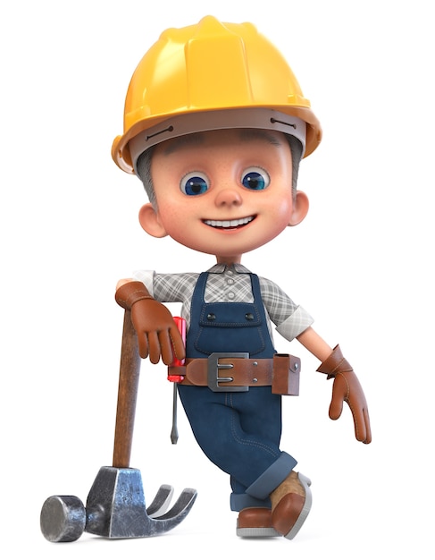 3D illustration Construction worker in overalls with a hammer and a screwdriver