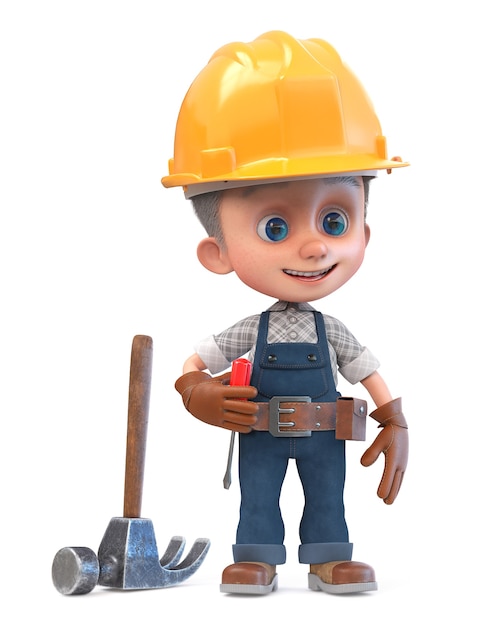 Photo 3d illustration construction worker in overalls with a hammer and a screwdriver