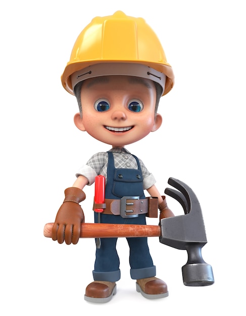 3D illustration Construction worker in overalls with a hammer and a screwdriver