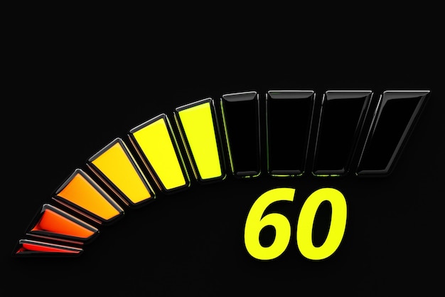 Foto illustrazione 3d icona del pannello di controllo con indicatore 60 concetto di rischio normale sul tachimetro scala di rating del credito