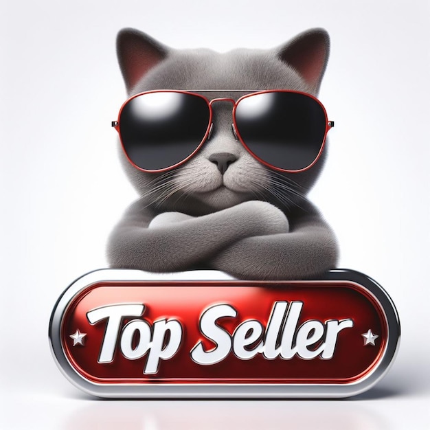 3d illustration of a cool cartoon cat wearing shades and leaning on a shiny 39top seller39 badge Ideal for advertising and inspiration themes