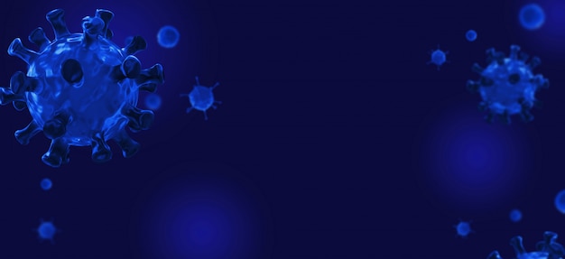 Foto illustrazione 3d copia spazio banner. gruppo di cellule virali, epidemia di coronavirus 2019 (covid19), wuhan - infezione da malattia da virus cinese a sfondo blu, auto quarantena, concetto di epidemia di coronavirus