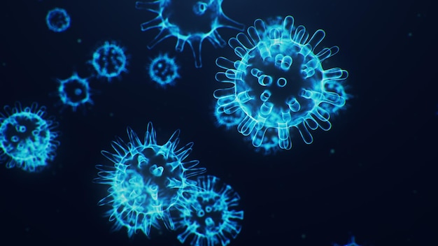 Illustrazione 3d concetto di coronavirus al microscopio. cellule umane, il virus infetta le cellule. epidemia, pandemia che colpisce le vie respiratorie. infezione virale fatale.