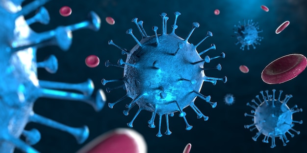 3D illustration Coronavirus COVID-19 virus under microscope in blood sample