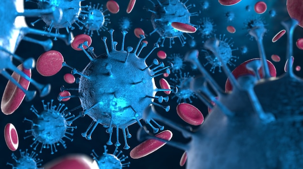 3D illustration Coronavirus COVID-19 virus under microscope in blood sample