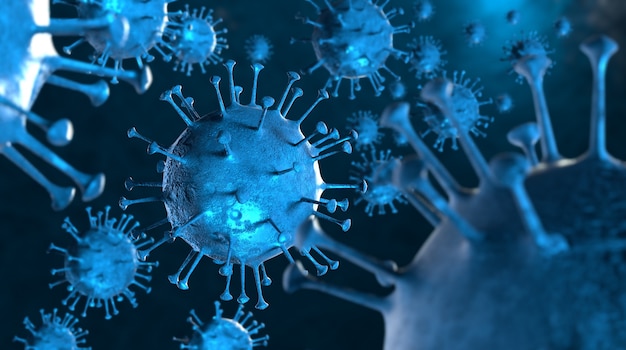 3D иллюстрации Вирус коронавируса COVID-19 под микроскопом в пробе крови