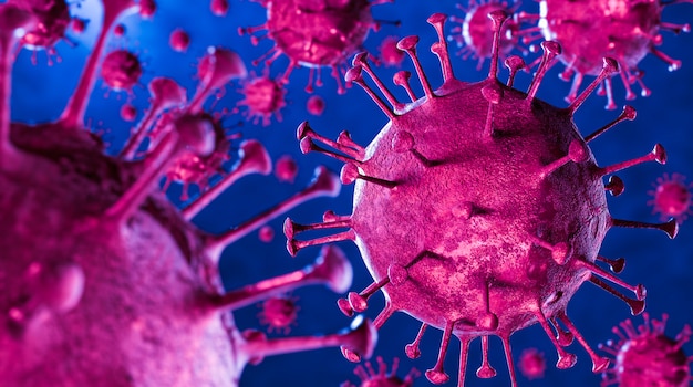 3D illustration Coronavirus COVID-19 virus under microscope in blood sample