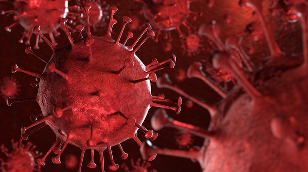 3D illustration Coronavirus COVID-19 virus under microscope in blood sample