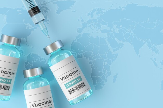 3d illustration of the coronavirus vaccine.  Medical concept Covid-19 corona virus vaccination against the background of the world map.