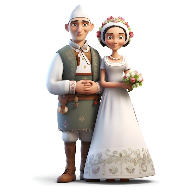 3d illustration of a couple in traditional clothes with a bouquet of flowers