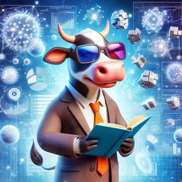 3D-иллюстрация улыбки коровы в солнцезащитных очках, чтение книги и решение математических задач.